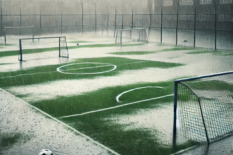 An outdoor sports field with severe waterlogging during heavy rain, making it unplayable. The field is soaked with large puddles of water, highlighting the need for effective drainage solutions.