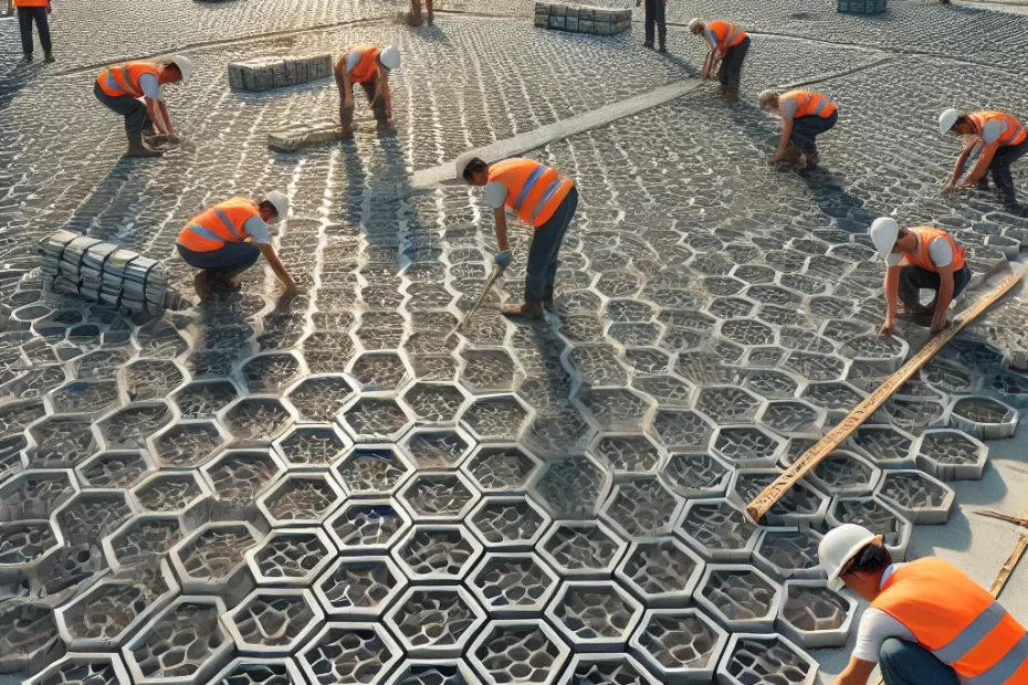 Engineers and workers installing Hoensoey Cells in an outdoor sports field. The hexagonal modules are laid in a strategic pattern, creating an efficient drainage system for the field.