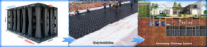 A detailed view of rainwater modules being installed in a green roof setup, highlighting their role in water retention and stormwater control in urban environments.