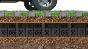 An illustration of rainwater modules used in urban stormwater management systems, showcasing how water retention units prevent flooding and improve water sustainability.