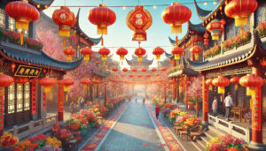 A vibrant Chinese New Year outdoor scene with red lanterns and traditional Chinese architecture.