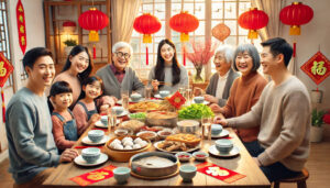 A Chinese New Year family reunion with a festive dining table filled with traditional dishes.