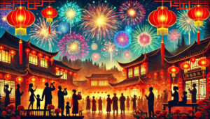 Chinese New Year fireworks lighting up the night sky over a traditional town.